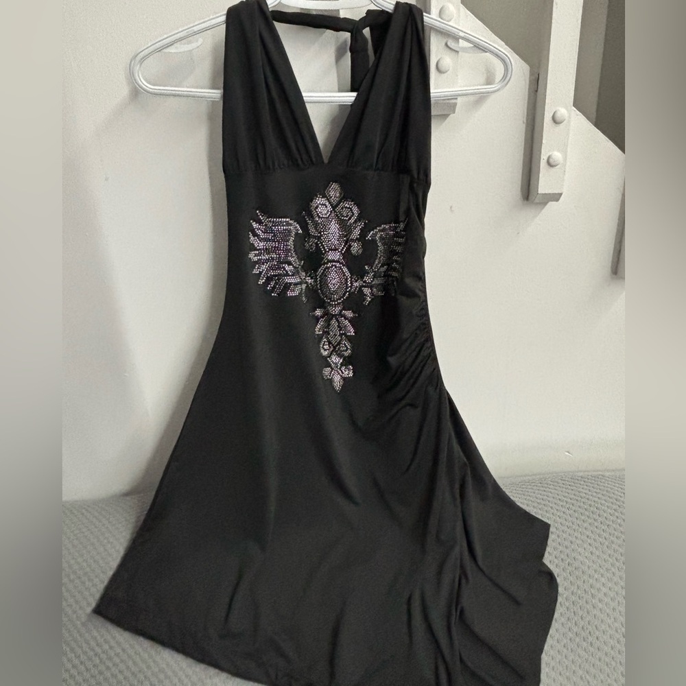 Forplay Black Rhinestone Wing Halter Mini Dress Size M Y2K Clubwear